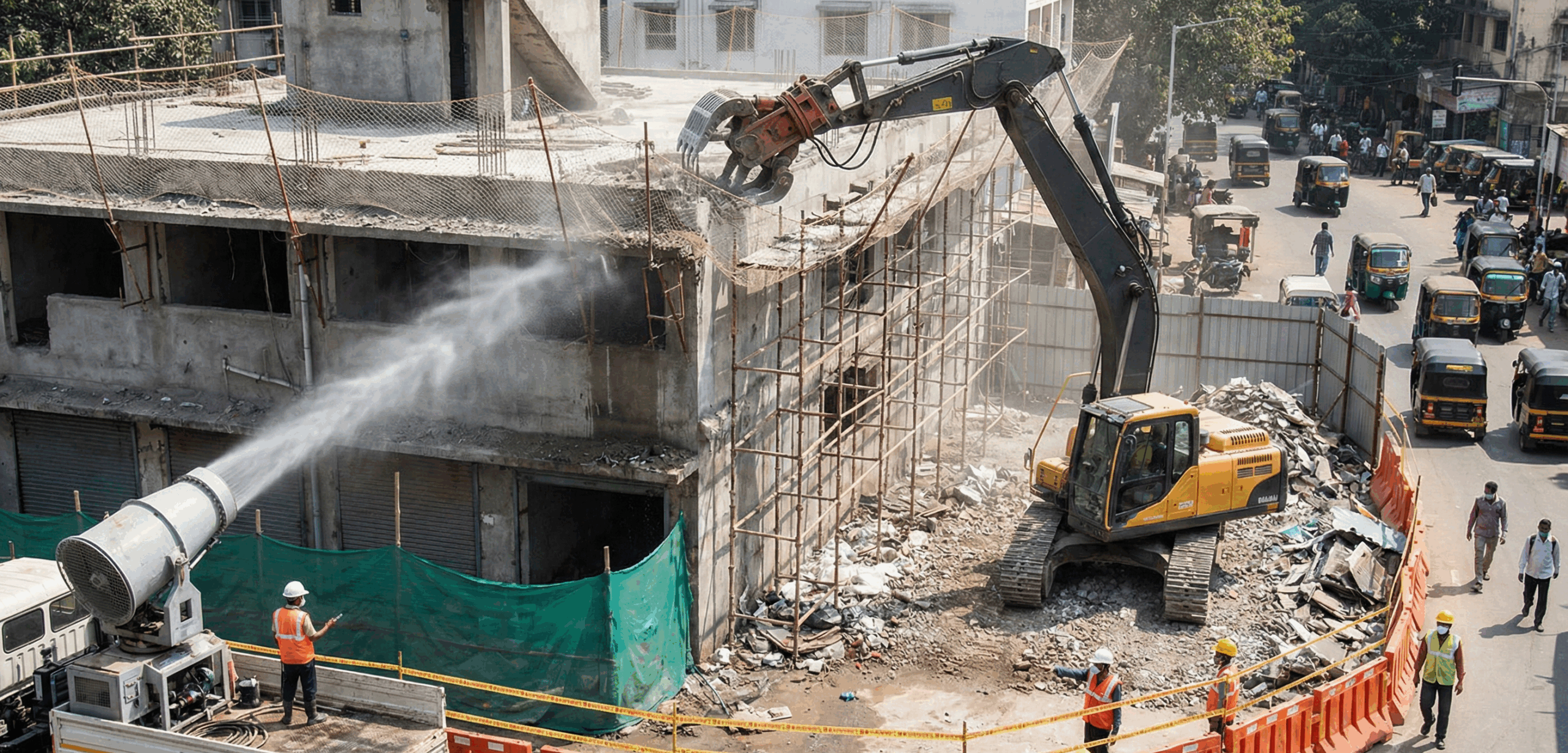 A demolition contractor applying safe building demolition practices while demolishing a building