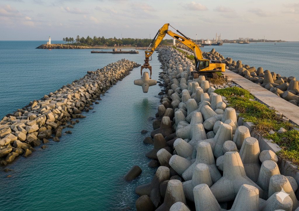 A breakwater construction in india with an excavator working at a site.