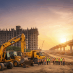 Image showing excavators and haulers standing near a construction site a bridge
