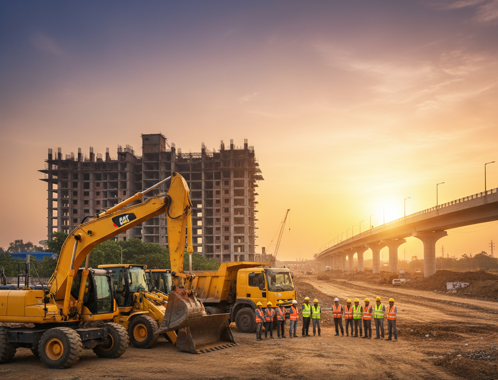 Image showing excavators and haulers standing near a construction site a bridge