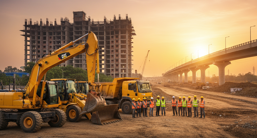 Image showing excavators and haulers standing near a construction site a bridge