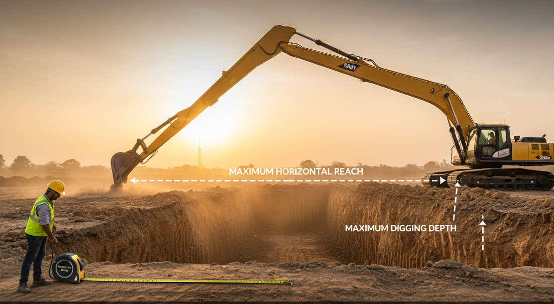 A graphic explaining how long boom excavators should be chosen based on your reach requirements