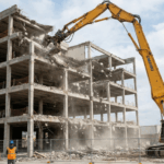 A demolition service demolishing a building with the help of long reach excavator