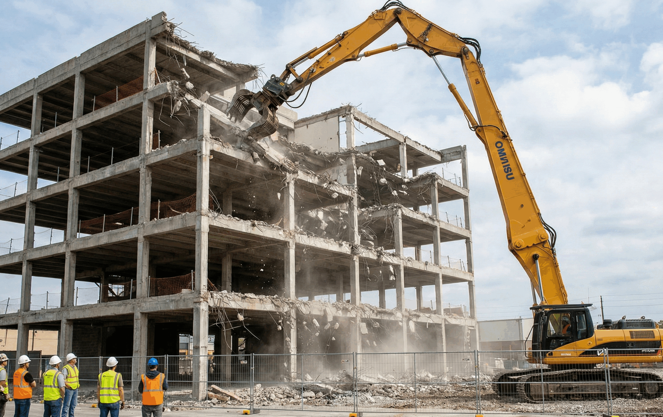 A demolition service demolishing a building with the help of long reach excavator